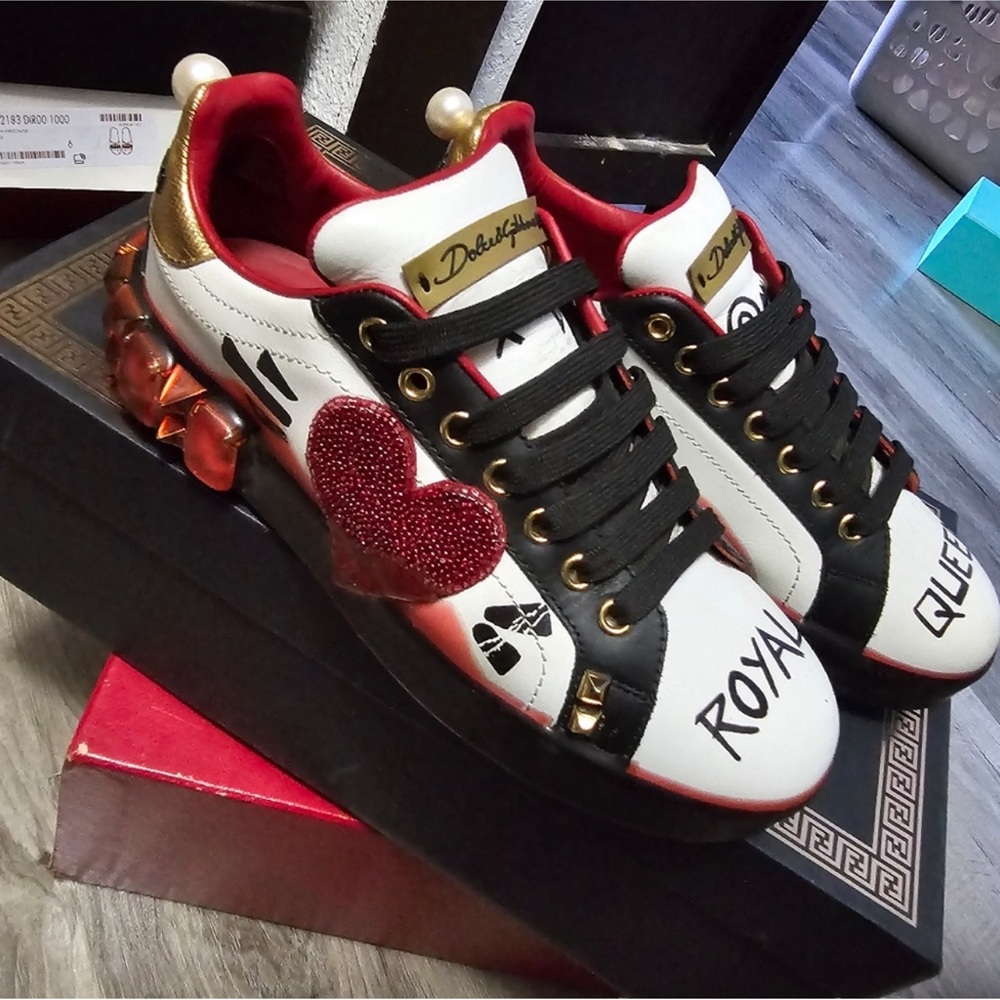 Authentic DOLCE & GABBANA Shoes White Red Crystals Portofino Sneakers EU38.5